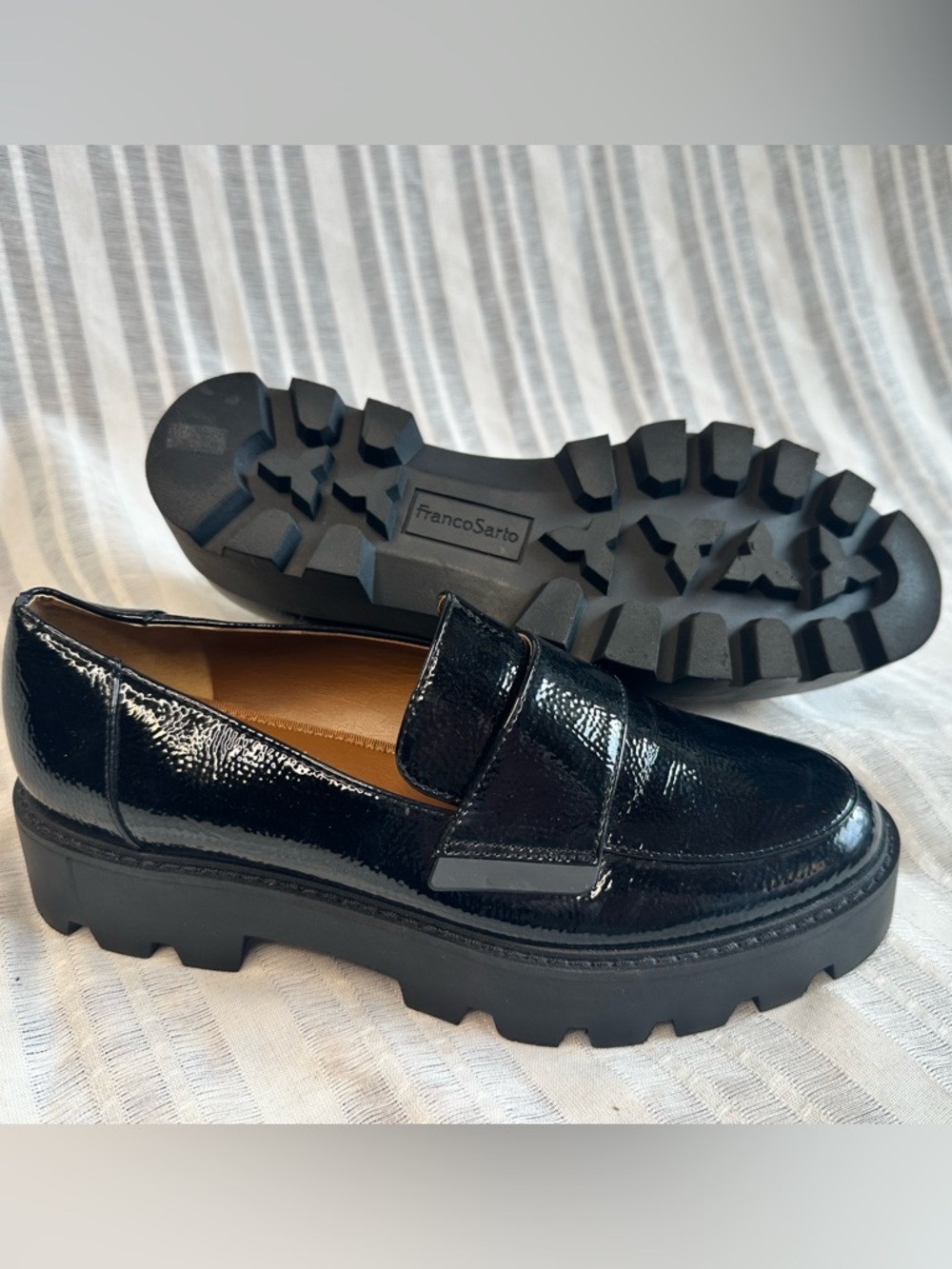 Franco Sarto Black Patent Platform Loafers 7.5 NWOT